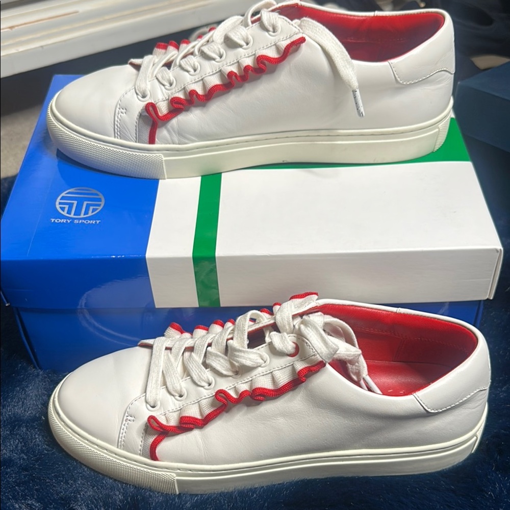Tory Sport White and Red Low-Top Sneakers